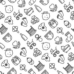 Baby care seamless pattern with thin line icons: newborn, diaper, pacifier, crib, footprints, bathtub with bubbles. Vector illustration for background.