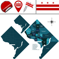 Map of Washington DC with Districts - obrazy, fototapety, plakaty