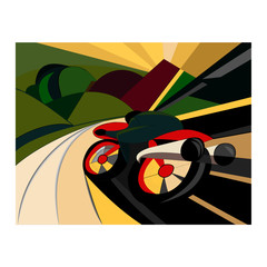 Colorful abstract background, futurism art style,motorcyclist