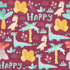 Seamless pattern. Prehistoric period. Cartoon Scandinavian vector illustration. For children's fabrics, wallpaper, textiles. Cute childish ornament with dinosaurs, plants, flowers, nature on a burgund