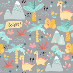 Seamless pattern. Prehistoric period. Cartoon Scandinavian vector illustration. For children's fabrics, wallpaper, textiles. Cute childish ornament with dinosaurs, plants, flowers, nature on a gray ba