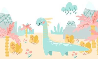 Fototapeta na wymiar Greeting card. Prehistoric period. Cartoon Scandinavian vector illustration. For children's parties, parties. Cute childish landscape in the afternoon with dinosaurs, mountains, palm trees, plants, fl