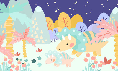 Greeting card. Prehistoric period. Cartoon Scandinavian vector illustration. For children's celebrations, parties. Cute childish night landscape with dinosaurs, mountains, palm trees, plants, flowers,