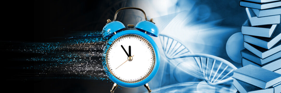 stylized image of the alarm clock against dna chain background