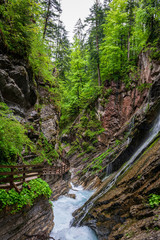 A lot of Waterfalls in the Wimbacklamm in Bavaria Berchtesgaden with stones and green plants and trees