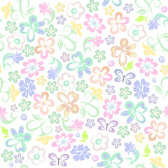 Fototapeta na wymiar Vector floral pattern in pastel colors for fabric design, wallpaper, print production. Set of different small decorative flowers.