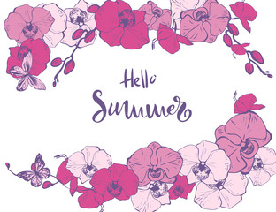 floral spring summer card template. Circle wreath round border frame decorated with exotic pink purple orchid flowers bouquet foliage inflorescence. hello summer text placeholder on white background.