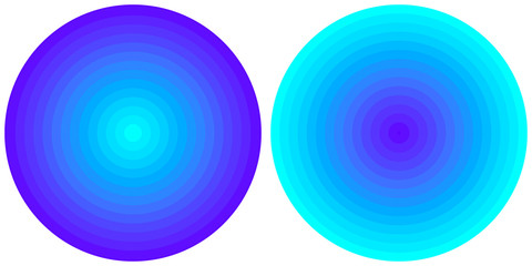 Set of 2 bright abstract  blue and cyan radial gradient circles isolated on white background. Texture with circular lines. Vivid circle pattern