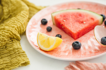 Close-Up of Watermelon, Blueberries, and Lemon Slices