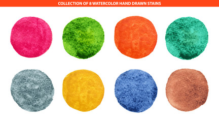 Set of 8 multicolor watercolor hand drawn circles background for logo, emblem isolated on white background