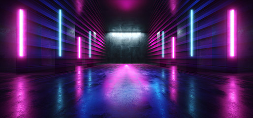 Neon Lights Futuristic Sci Fi Purple Blue Line Shaped Glowing Vibrant Empty Space Grunge Concrete Tunnel Corridor Stage Spaceship Garage Underground 3D Rendering