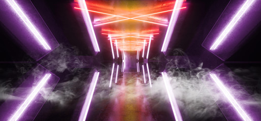 Smoke Sci Fi Futuristic Arrow Shaped Neon Lights Glowing Vibrant Blue Orange Corridor Grunge Concrete Dark Reflective Virtual Podium Garage Stage Udnerground Spaceship 3D Rendering
