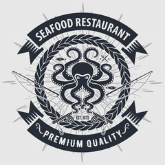 Fototapeta premium Seafood label, badge, emblem or logo for seafood restaurant, menu design element. Vector illustration