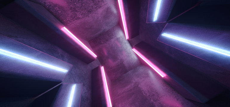 Futuristic Arrow Shaped Neon Lights Glowing Vibrant Blue Purple Corridor Grunge Concrete Dark Reflective Virtual Podium Garage Stage Udnerground Spaceship 3D Rendering © IM_VISUALS