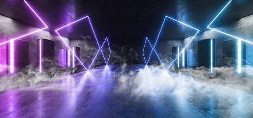 Smoke Stage Club Neon Lights Futuristic Sci Fi Blue Column Shaped Glowing Vibrant Empty Space Grunge Concrete Tunnel Corridor Stage Spaceship Garage Underground 3D Rendering