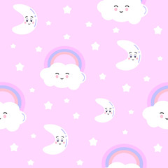 Cute cloud rainbow and star cute seamless pattern, cartoon vector, nursery background for Kid and baby.