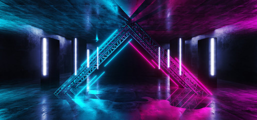Neon Lights Futuristic Sci Fi Purple Blue Triangle Shaped Glowing Vibrant Empty Space Grunge Concrete Tunnel Corridor Stage Spaceship Garage Underground 3D Rendering