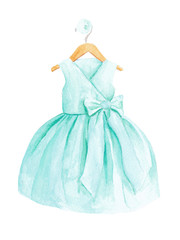 Obraz premium Girls Mint Green Hand Painted Watercolor Party Dress Illustration