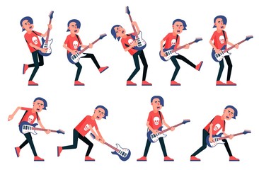 Fototapeta na wymiar Guitar player from a rock band - various poses. Cartoon vector character.