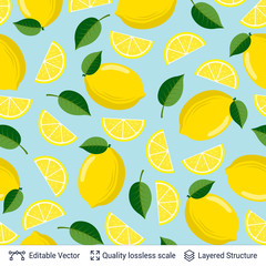 Seamless pattern with lemon fruits and leaves.