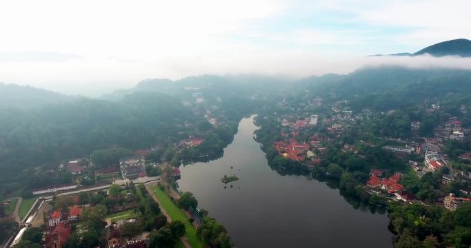 Morning aerial shot of Kandy lake and Temple of the Sacred Tooth Relic (Sri Dalada Maligawa)