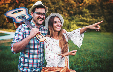 Couple going to picnic. Love and tenderness, dating, romance, lifestyle concept