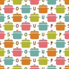 Flat kitchen seamless pattern. Soup pan simple colorful background. Vector illustration.
