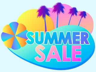 Obraz premium Summer sale liquid abstract shapes and palm trees. Gradient violet fluid shapes isolated on white background. Vector illustration