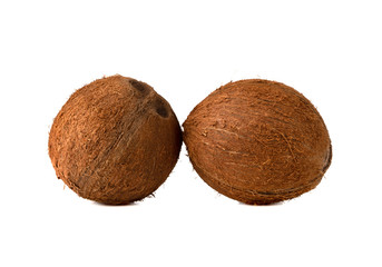 Coconuts on a white background. Two coconut close-up on a white background.