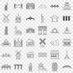 Tourist attraction icons set. Outline style of 36 tourist attraction vector icons for web for any design