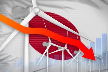 Japan wind energy power lowering chart, arrow down - renewable natural energy industrial illustration. 3D Illustration