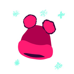 Winter headwear. Bright pink trendy beanie with two pompoms isolated on white background. Poster design element. 
