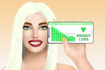 Concept weight loss. Drawn beautiful girl on colored background. Illustration