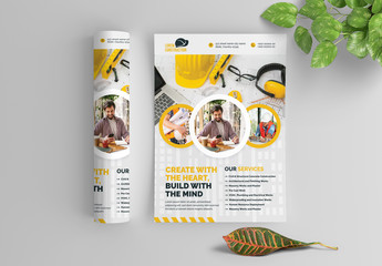 Building Flyer Layout with Yellow Accents and Circular Photo Elements