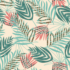 Bright seamless pattern with tropical plants and leaves on beige background. Vector design. Jungle print. Textiles and printing.