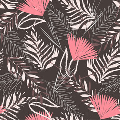 Abstract seamless pattern with tropical plants on brown background. Vector design. Jungle print. Textiles and printing.
