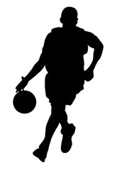 Silhouette noire de basketteur dribblant avec un ballon sur fond blanc