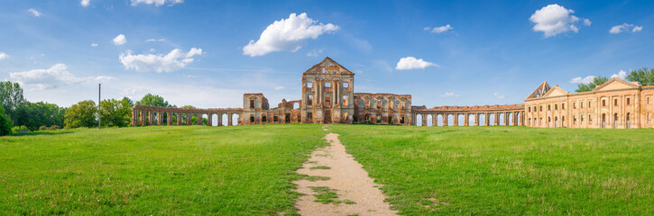 Fototapeta na wymiar Panorama of old destructed palace in Ruzhany, Belarus. Brest region