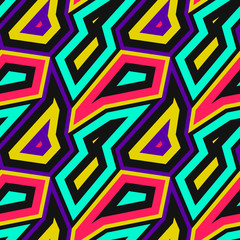 Vector abstracte naadloze patroon met geometrische vormen, kleurrijke hoekige elementen. Retro vintage kunstdruk. Ontwerp in Memphis-stijl, mode uit de jaren 80 - 90. Stedelijke textuur. Trendy herhaalbare achtergrond