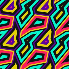 Foto op Plexiglas Memphis stijl Vector abstracte naadloze patroon met geometrische vormen, kleurrijke hoekige elementen. Retro vintage kunstdruk. Ontwerp in Memphis-stijl, mode uit de jaren 80 - 90. Stedelijke textuur. Trendy herhaalbare achtergrond