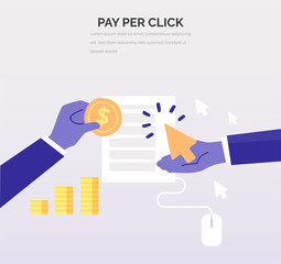 Advertiser pays a publisher - PPC. Creative business illustration in flat style for your design. Pay Per Click vector concept.
