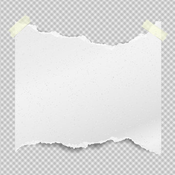 Piece Of Torn, Ripped White Paper Strip With Soft Shadow Stuck With Yellow Sticky Tape On Squared Background. Vector Template Illustration