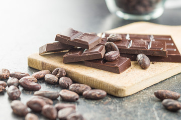 Dark chocolate bar and cocoa beans.