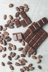 Dark chocolate bar and cocoa beans.