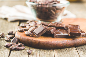 Dark chocolate bar and cocoa beans.