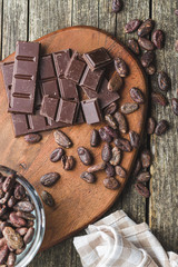 Dark chocolate bar and cocoa beans.