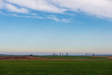 Fototapeta premium cultivated fields in countryside with dark and wet soil for agriculture.