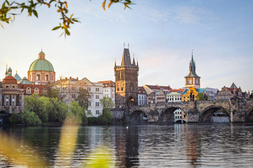 Skyline of Prague old town with Charles bridge in morning light