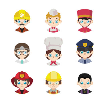 Collection of cartoon avatars of people depicting jobs