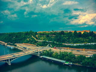 aerial view of metronome next to Vltava river